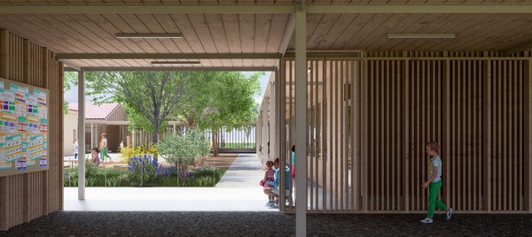 Vue de la cohérence d'ensemble des bâtiments à l'intérieur du groupe scolaire de Saint-Hilaire (31)